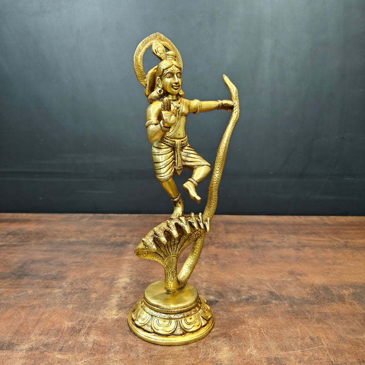 Brass Krishna Idol Dancing On Kaliya Naag Golden Finish 13 Inches