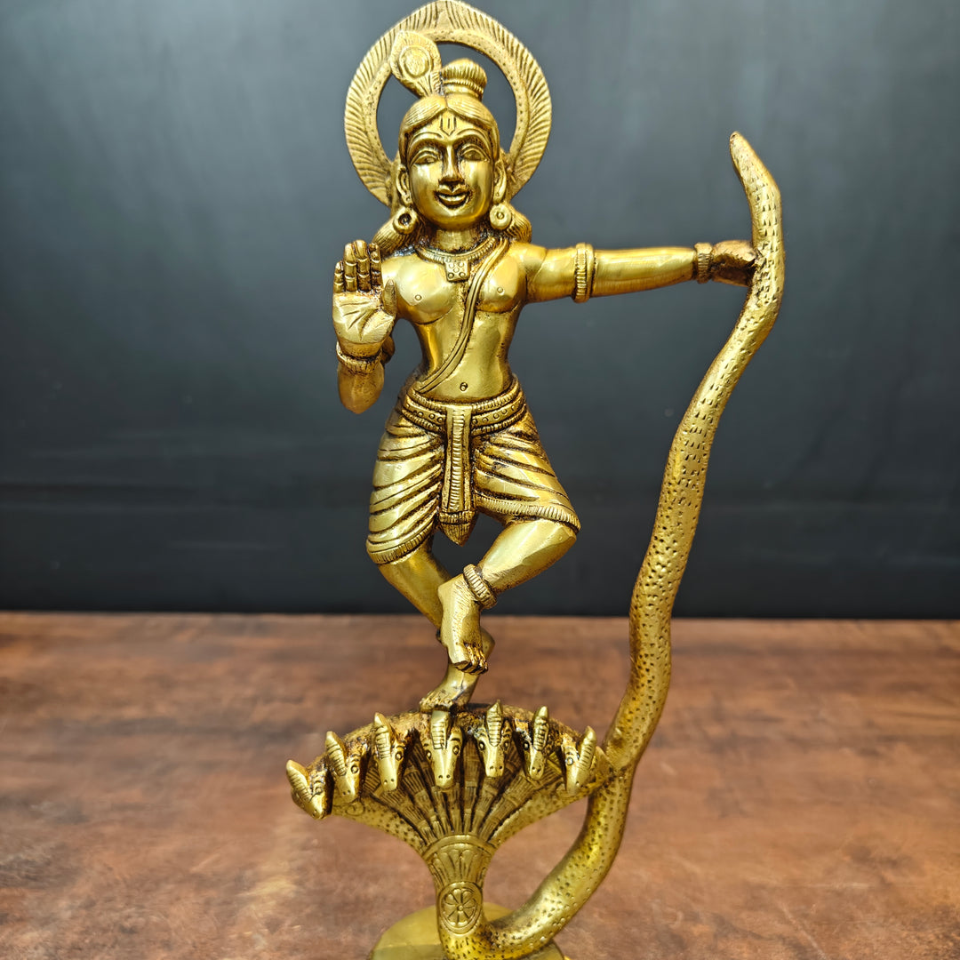Brass Krishna Idol Dancing On Kaliya Naag Golden Finish 13 Inches