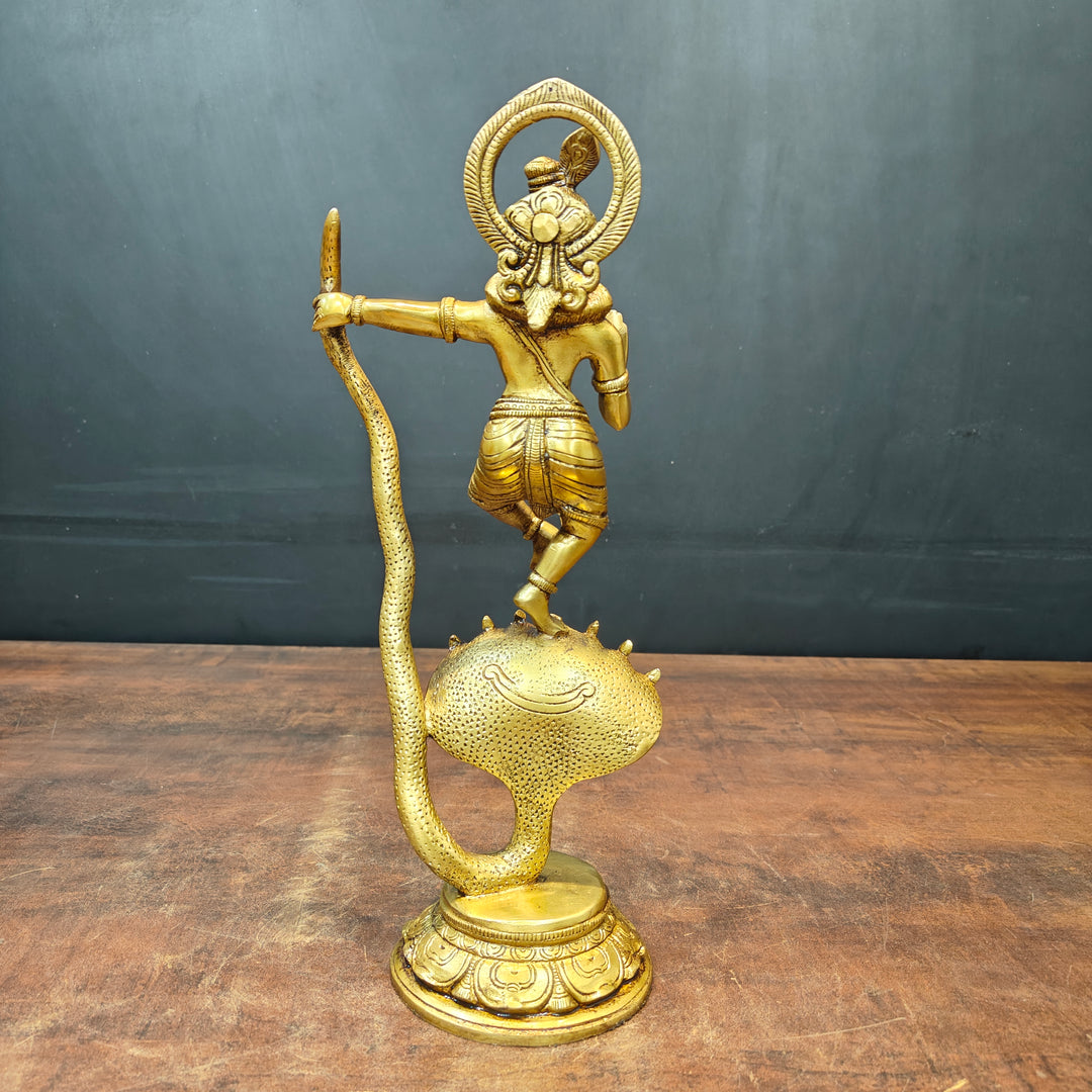 Brass Krishna Idol Dancing On Kaliya Naag Golden Finish 13 Inches
