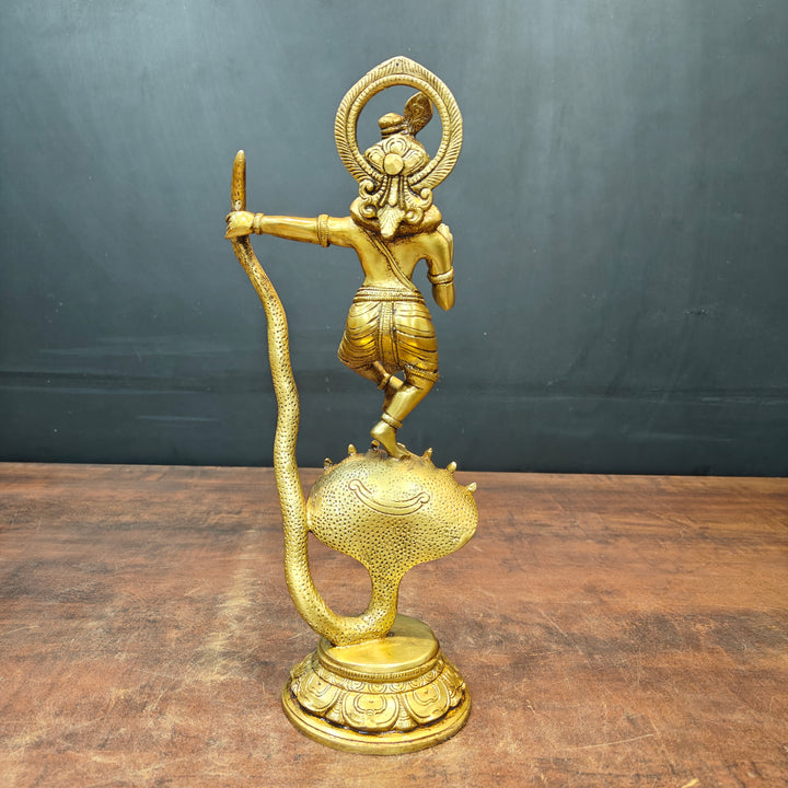 Brass Krishna Idol Dancing On Kaliya Naag Golden Finish 13 Inches