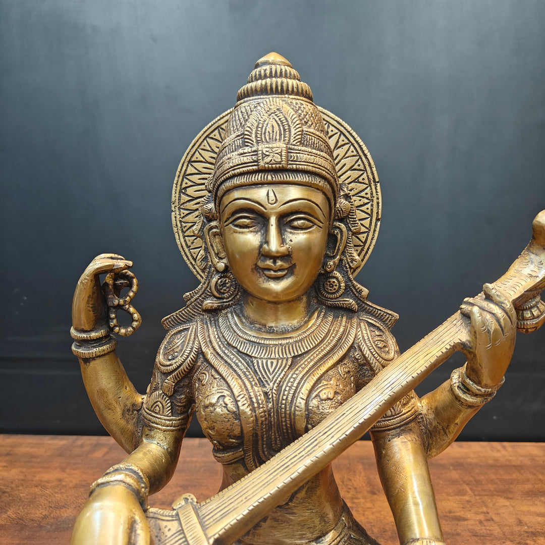 Brass Goddess Saraswati Idol Playing With Veena Antique Finish 15 Inch