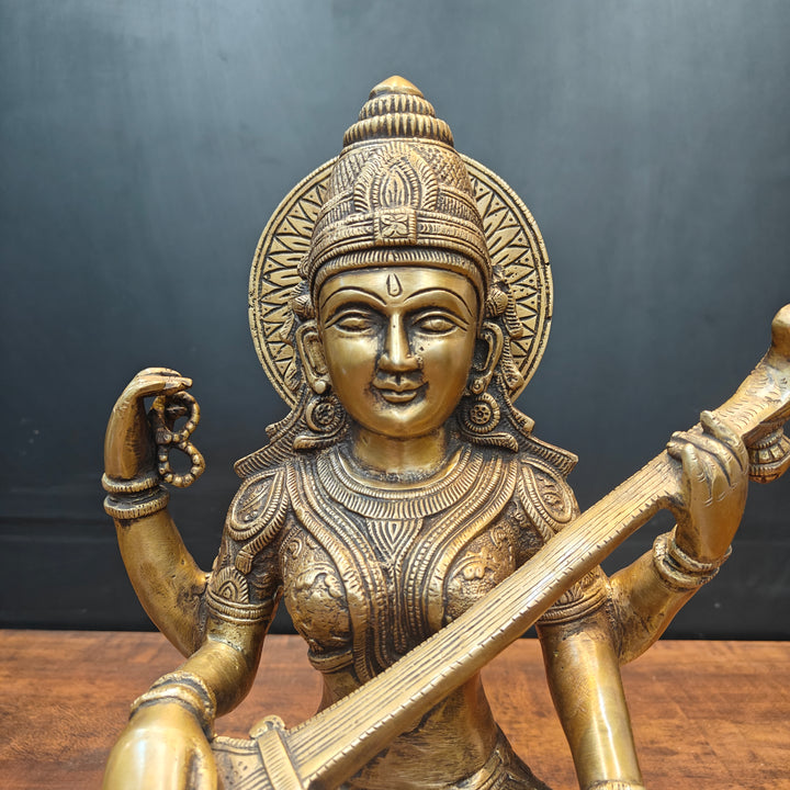 Brass Goddess Saraswati Idol Playing With Veena Antique Finish 15 Inch