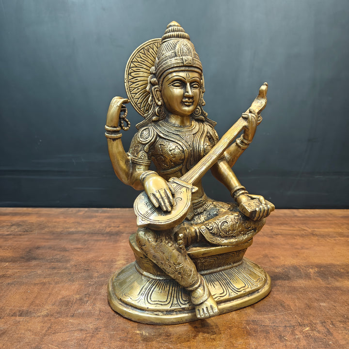 Brass Goddess Saraswati Idol Playing With Veena Antique Finish 15 Inch