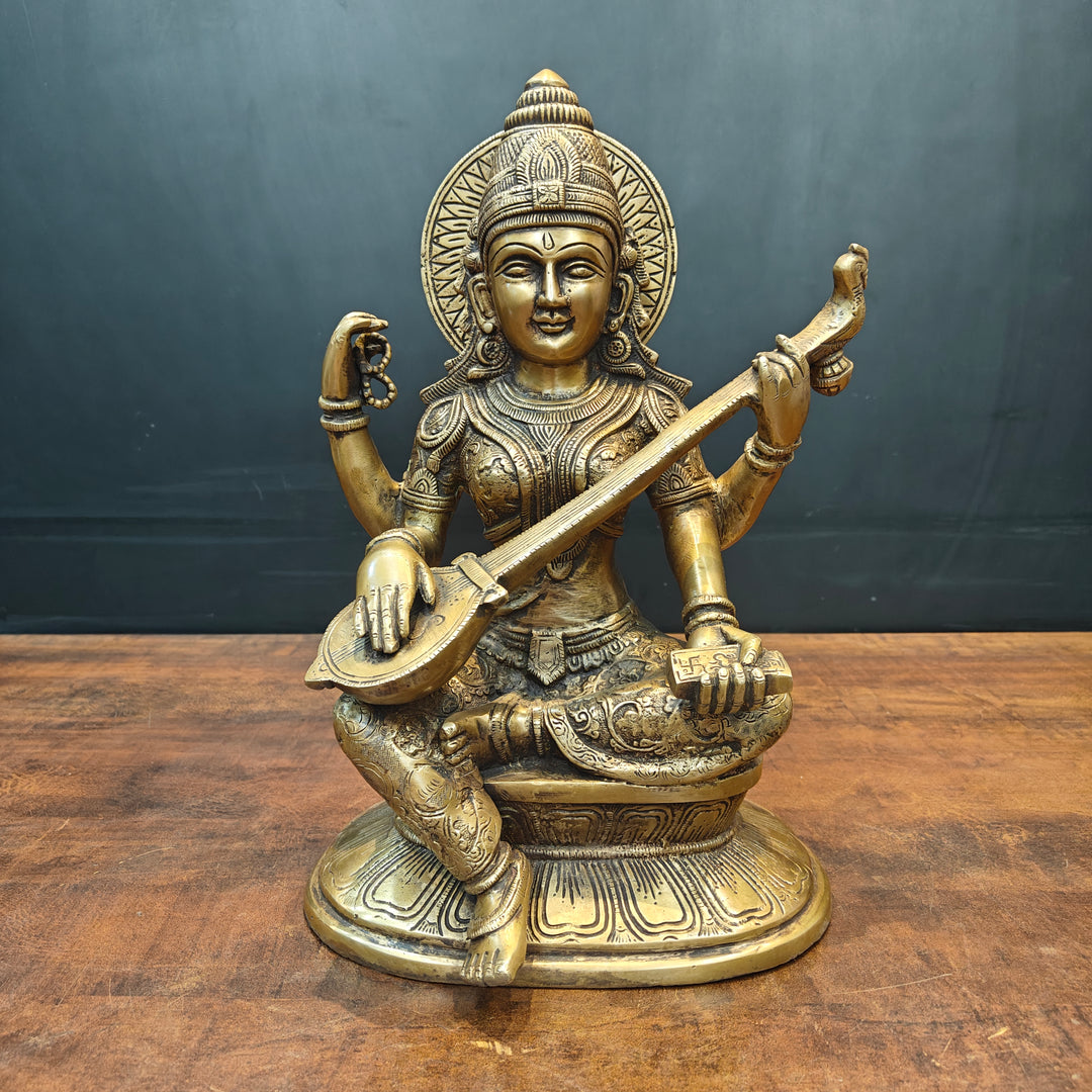 Brass Goddess Saraswati Idol Playing With Veena Antique Finish 15 Inch