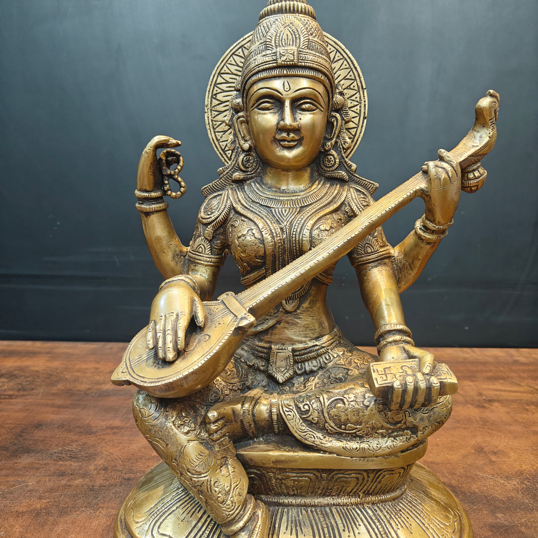 Brass Goddess Saraswati Idol Playing With Veena Antique Finish 15 Inch