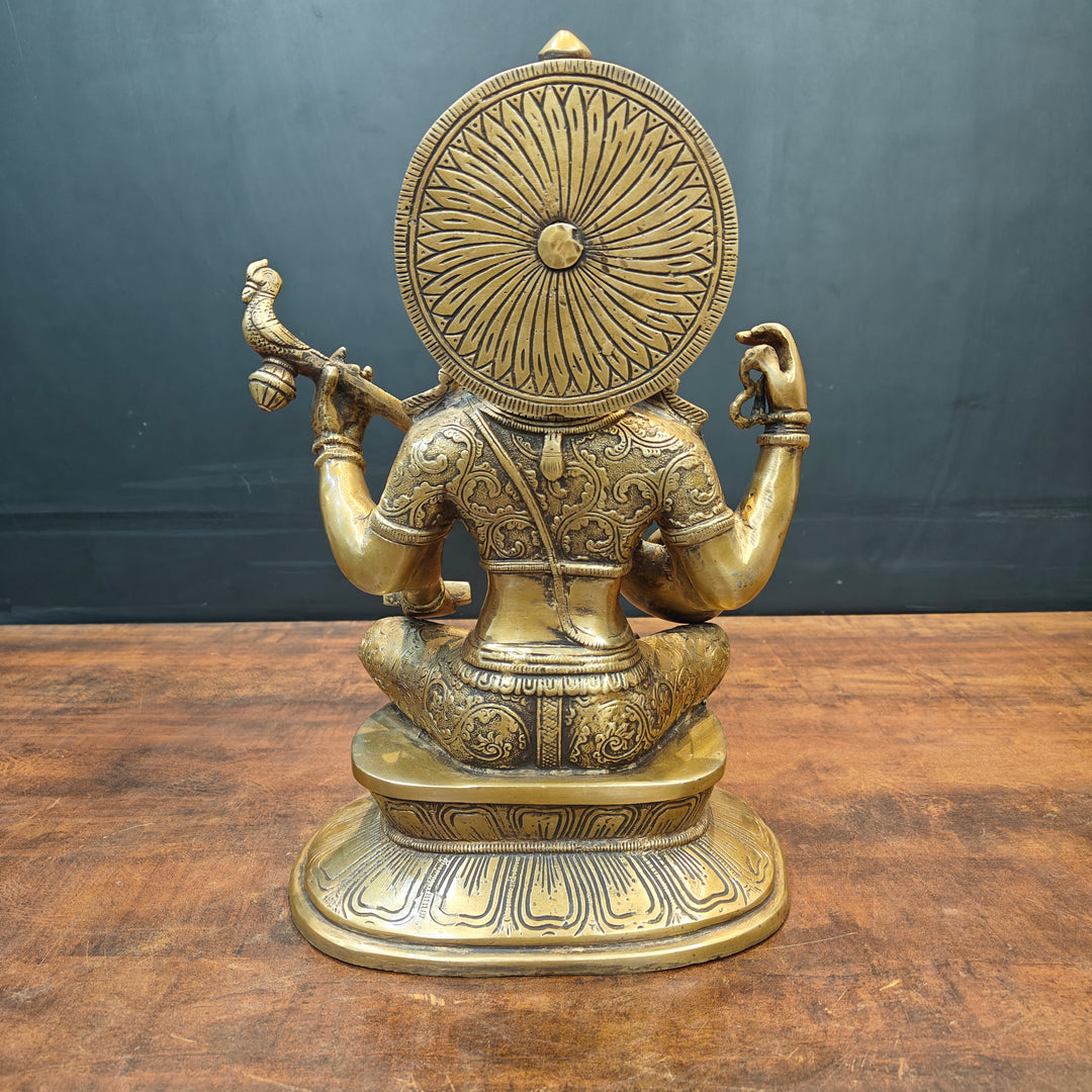 Brass Goddess Saraswati Idol Playing With Veena Antique Finish 15 Inch