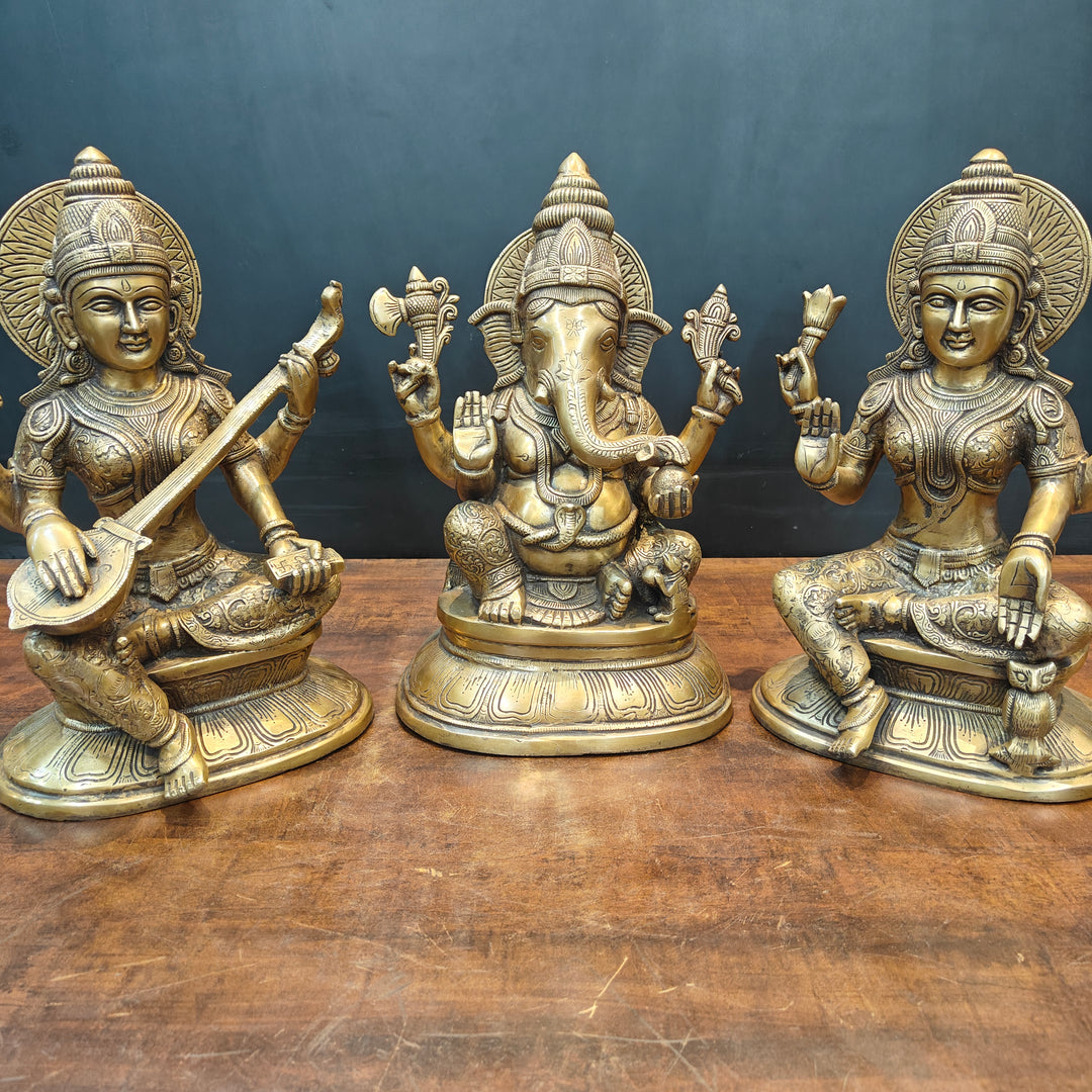 Brass Ganesha Lakshmi Saraswati Idols Antique Finish 15 Inches