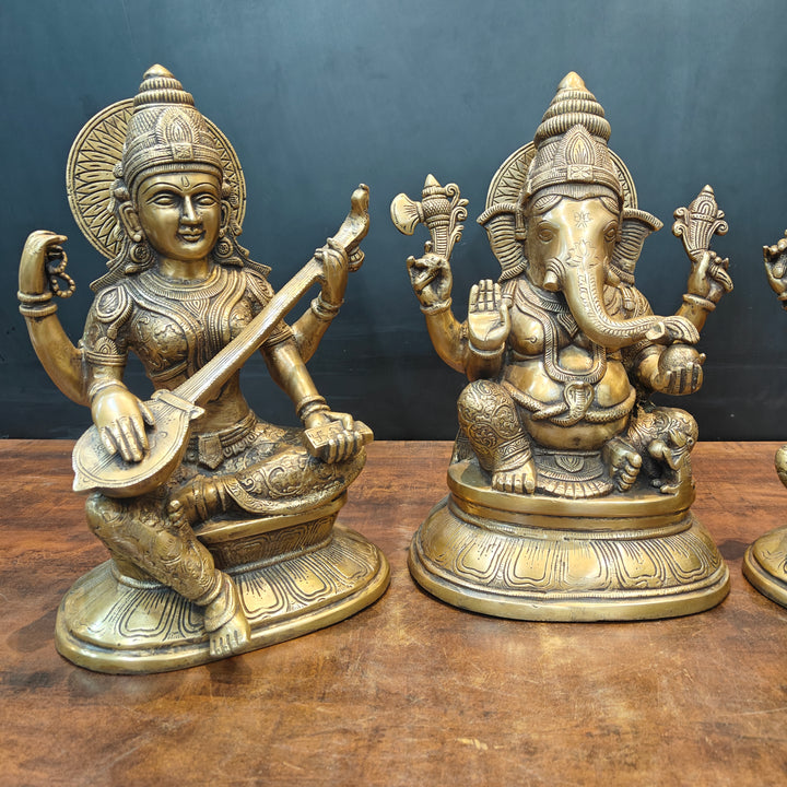 Brass Ganesha Lakshmi Saraswati Idols Antique Finish 15 Inches