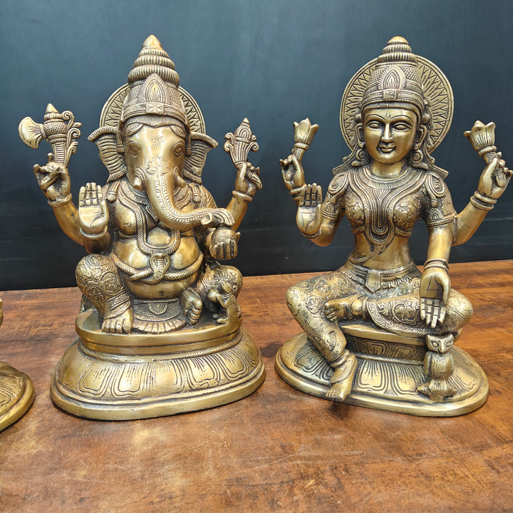 Brass Ganesha Lakshmi Saraswati Idols Antique Finish 15 Inches