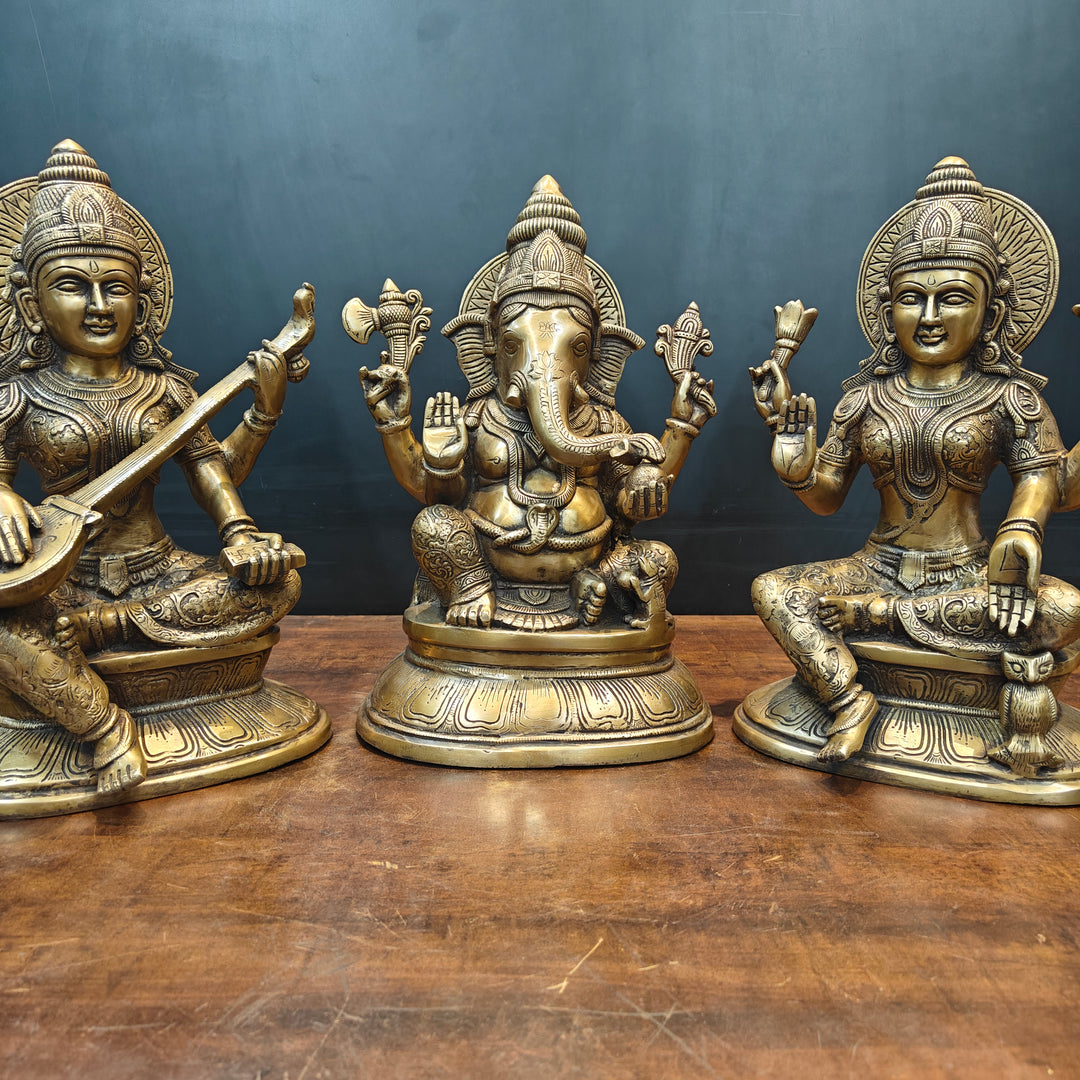 Brass Ganesha Lakshmi Saraswati Idols Antique Finish 15 Inches