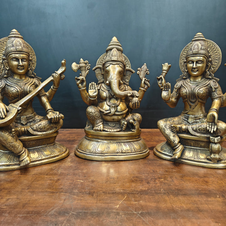 Brass Ganesha Lakshmi Saraswati Idols Antique Finish 15 Inches
