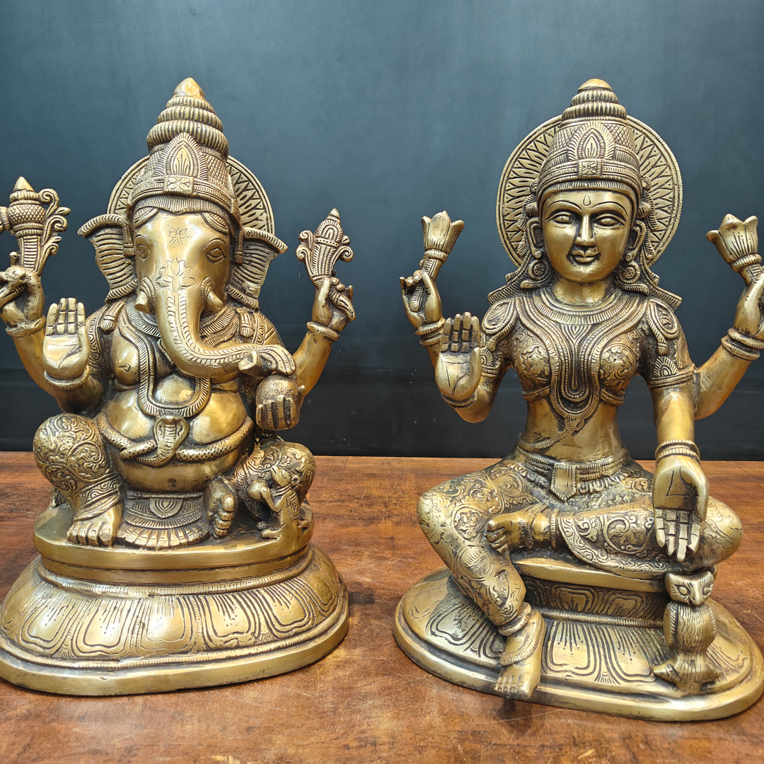 Brass Ganesha Lakshmi Idols For Home Temple Decor Antique Finish 15 Inches