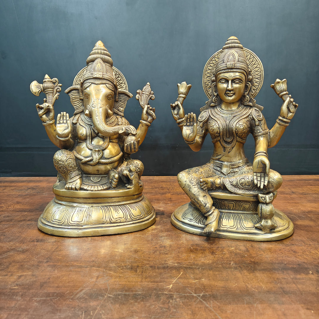 Brass Ganesha Lakshmi Idols For Home Temple Decor Antique Finish 15 Inches