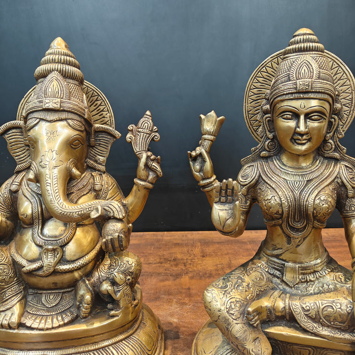 Brass Ganesha Lakshmi Idols For Home Temple Decor Antique Finish 15 Inches