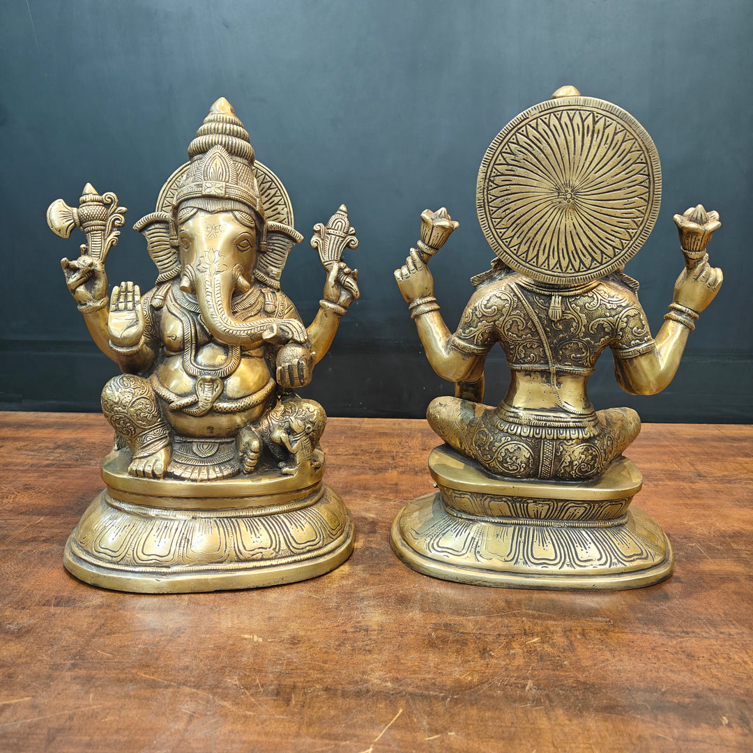 Brass Ganesha Lakshmi Idols For Home Temple Decor Antique Finish 15 Inches