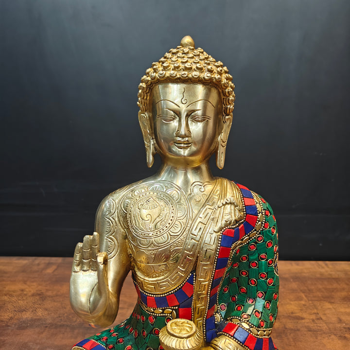 Brass Blessing Buddha Statue With Stone Wotk For Home Decor 14 Inch
