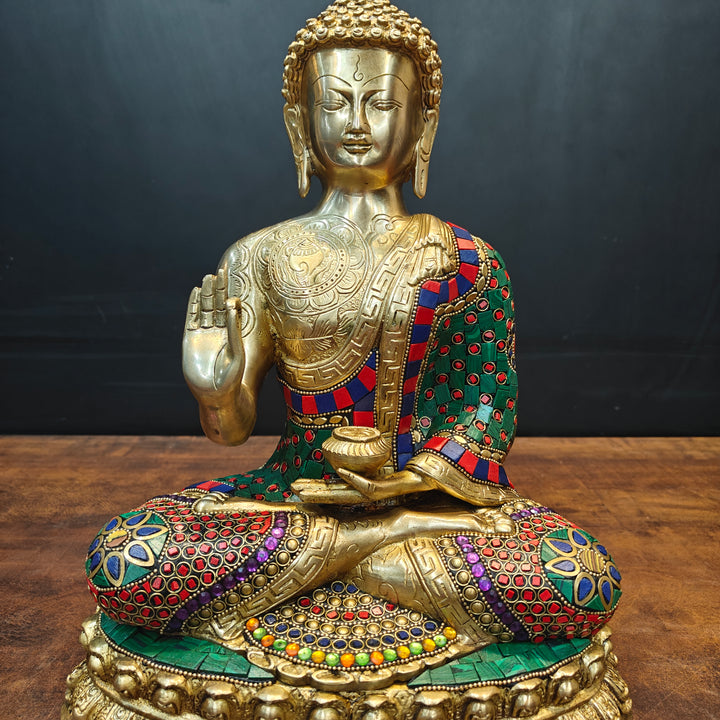 Brass Blessing Buddha Statue With Stone Wotk For Home Decor 14 Inch