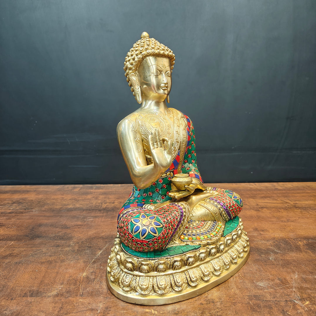Brass Blessing Buddha Statue With Stone Wotk For Home Decor 14 Inch
