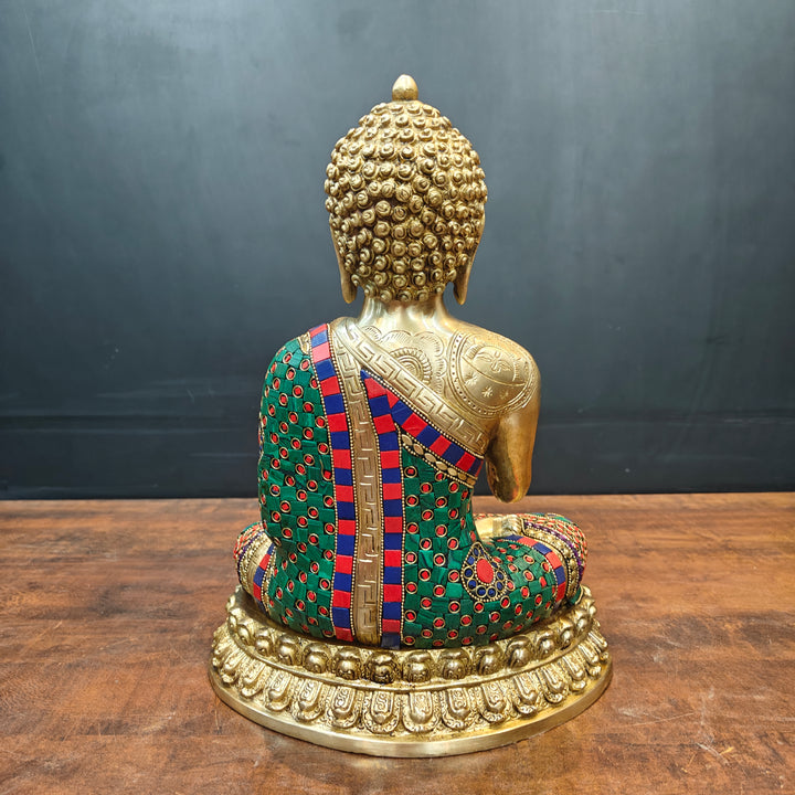 Brass Blessing Buddha Statue With Stone Wotk For Home Decor 14 Inch