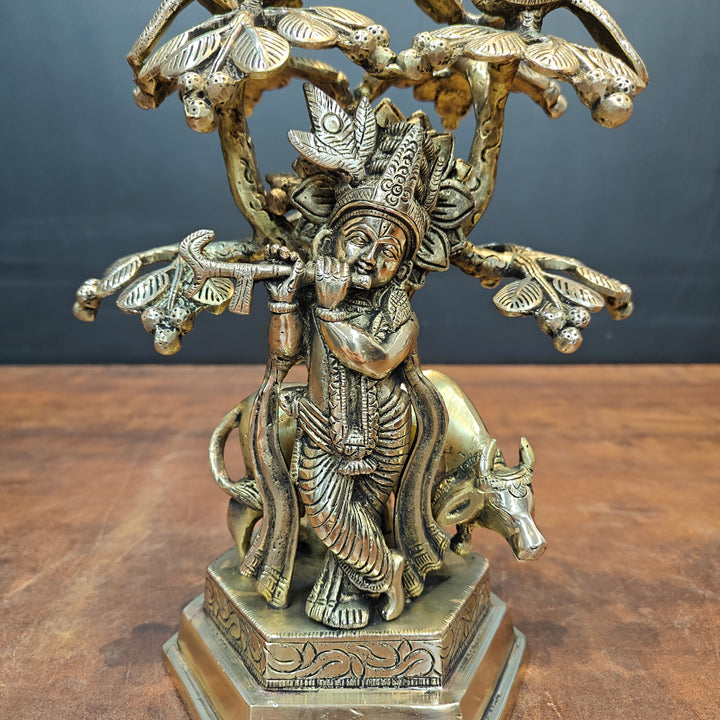 Brass Krishna Idol With Cow Under Kadamba Tree Antique Finish 10 Inches