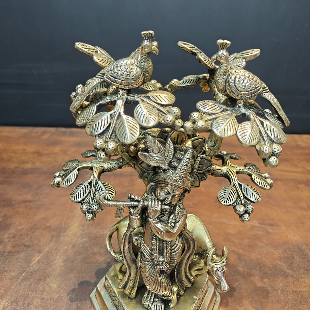Brass Krishna Idol With Cow Under Kadamba Tree Antique Finish 10 Inches