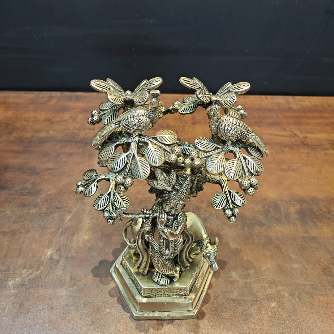 Brass Krishna Idol With Cow Under Kadamba Tree Antique Finish 10 Inches