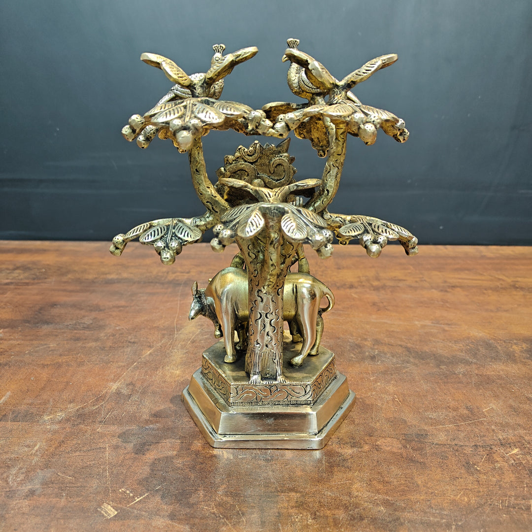 Brass Krishna Idol With Cow Under Kadamba Tree Antique Finish 10 Inches