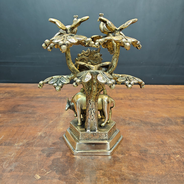 Brass Krishna Idol With Cow Under Kadamba Tree Antique Finish 10 Inches
