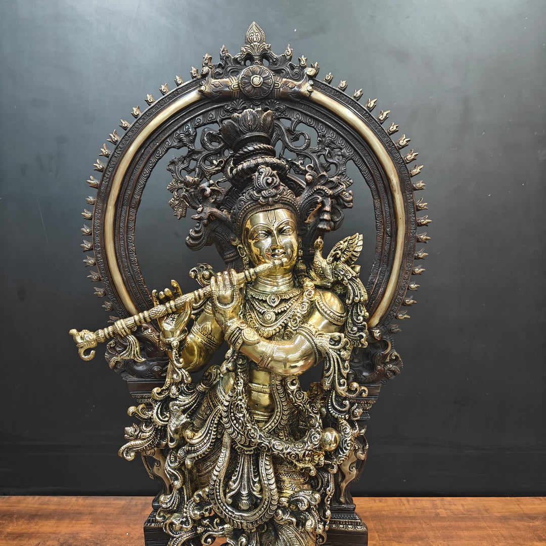 Brass Krishna Idol With Prabhavali Orange Patina Finish 32 Inch
