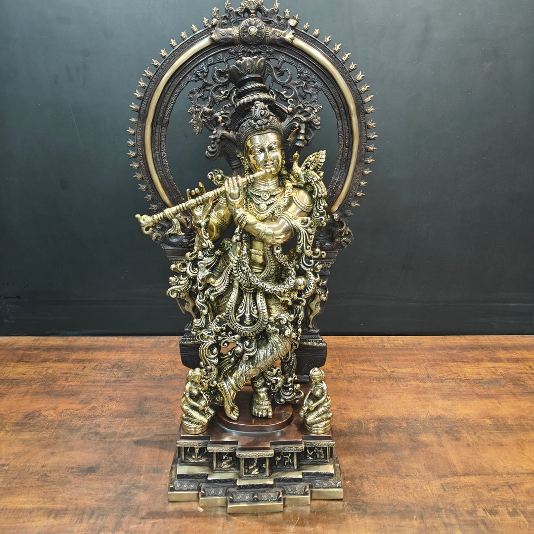 Brass Krishna Idol With Prabhavali Orange Patina Finish 32 Inch