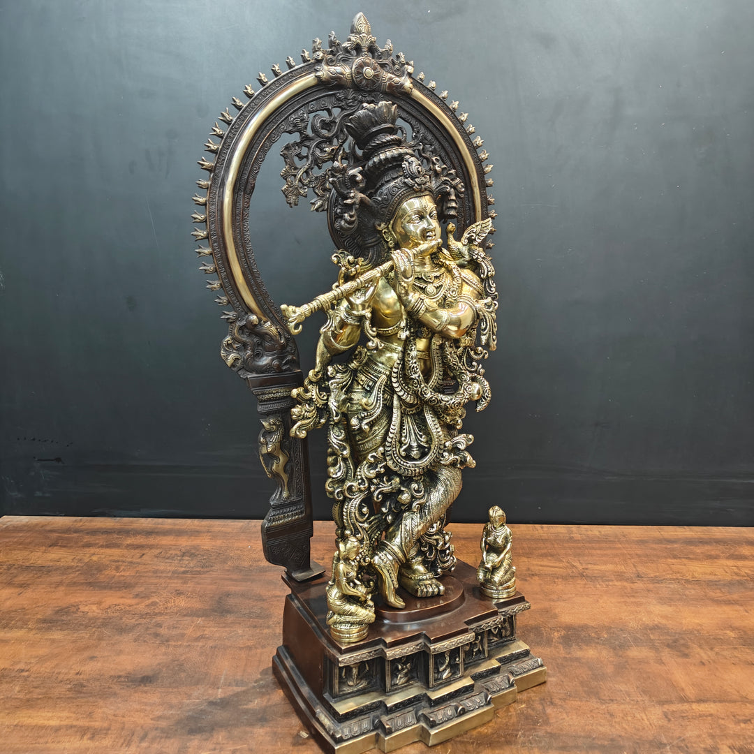 Brass Krishna Idol With Prabhavali Orange Patina Finish 32 Inch