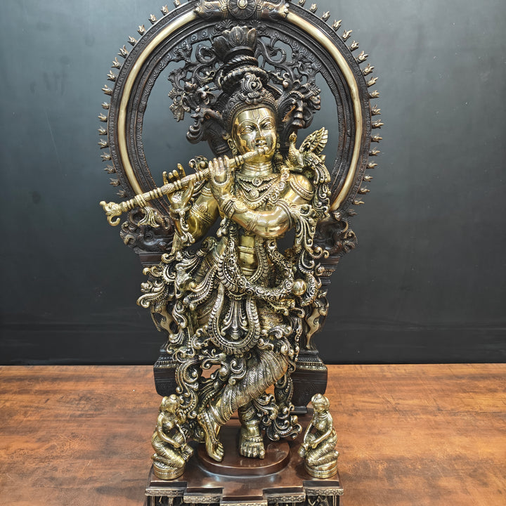 Brass Krishna Idol With Prabhavali Orange Patina Finish 32 Inch