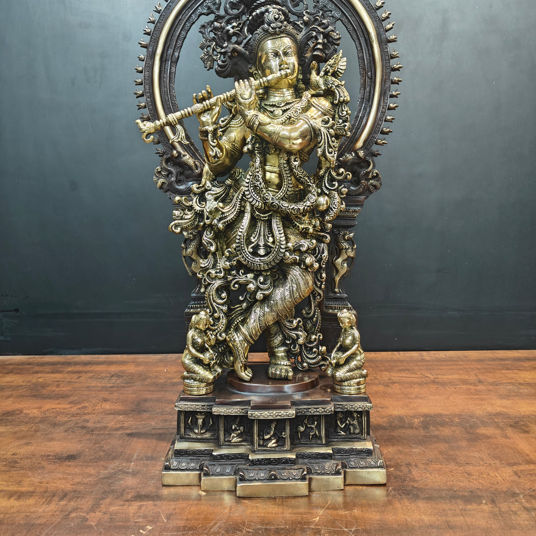 Brass Krishna Idol With Prabhavali Orange Patina Finish 32 Inch