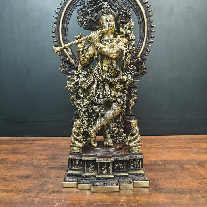Brass Krishna Idol With Prabhavali Orange Patina Finish 32 Inch