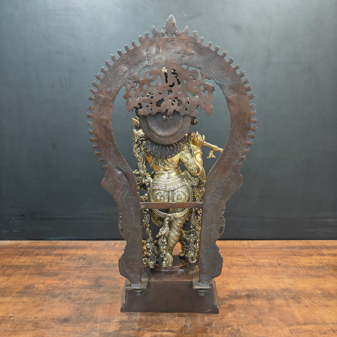 Brass Krishna Idol With Prabhavali Orange Patina Finish 32 Inch