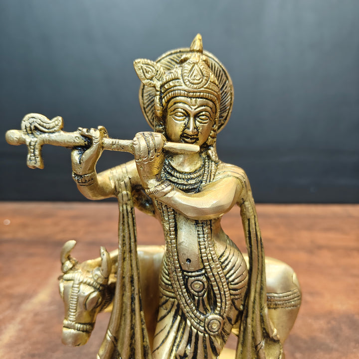 Brass Krishna Idol With Cow For Home Decor 8.5 Inch
