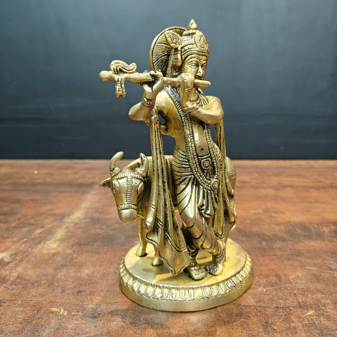 Brass Krishna Idol With Cow For Home Decor 8.5 Inch