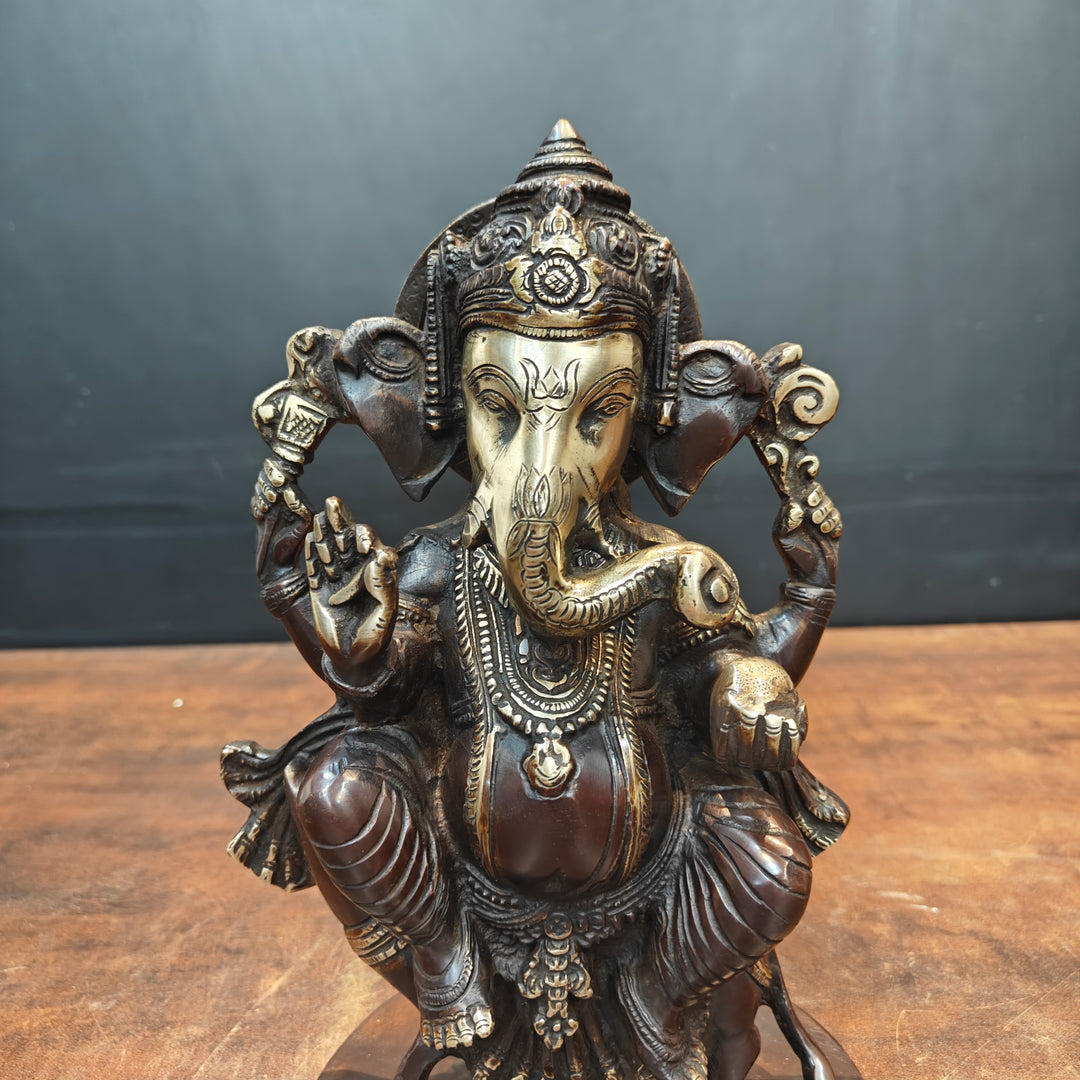 Brass Ganesha Idol Sitting On Mouse Antique Finish 10 Inch