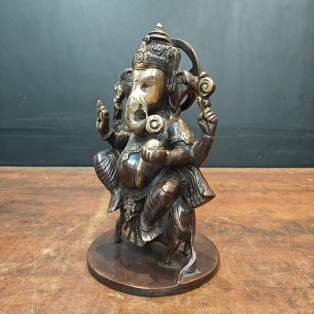 Brass Ganesha Idol Sitting On Mouse Antique Finish 10 Inch