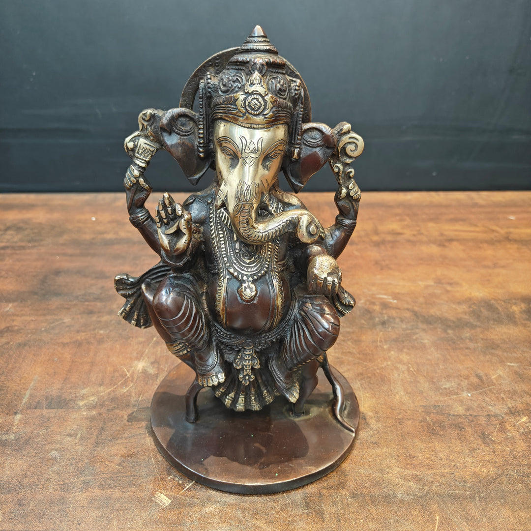Brass Ganesha Idol Sitting On Mouse Antique Finish 10 Inch
