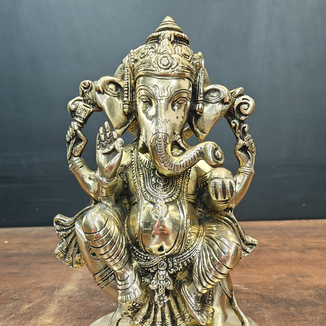 Brass Ganesha Idol Sitting On Mouse For Home Decor 10 Inch