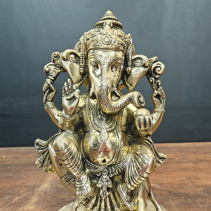 Brass Ganesha Idol Sitting On Mouse For Home Decor 10 Inch