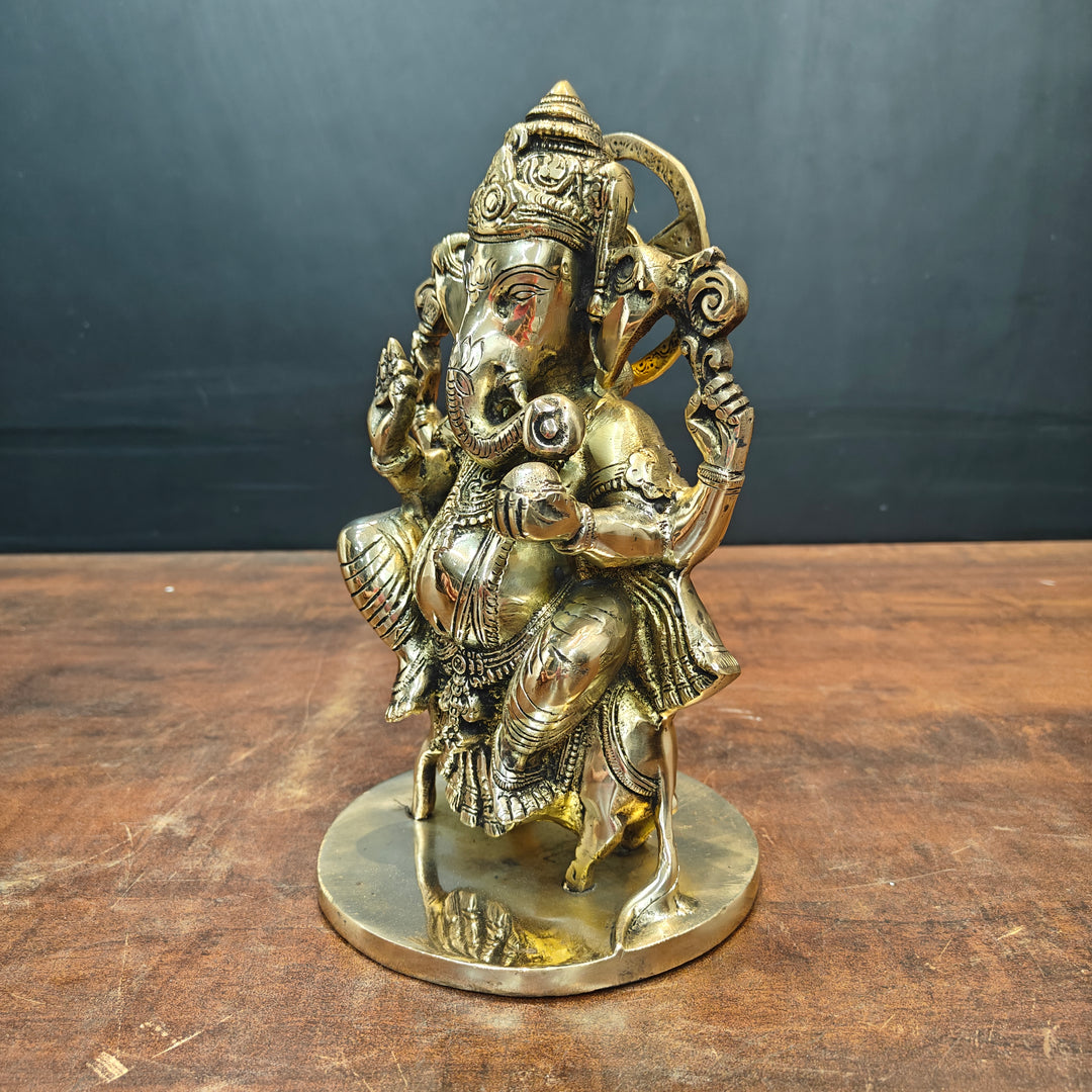 Brass Ganesha Idol Sitting On Mouse For Home Decor 10 Inch