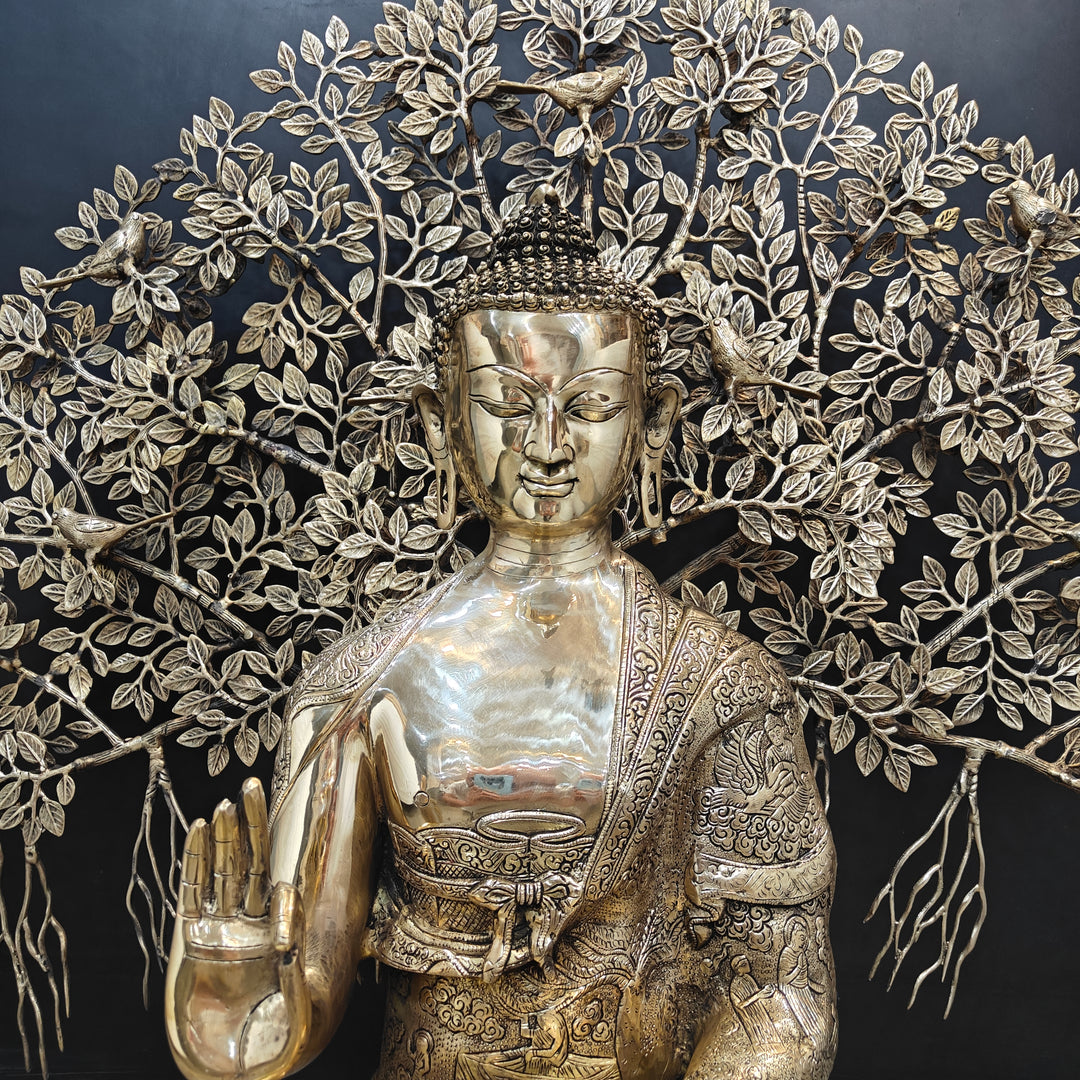 Brass Large Buddha Idol With Bodhi Tree For Home Decor 41 Inches