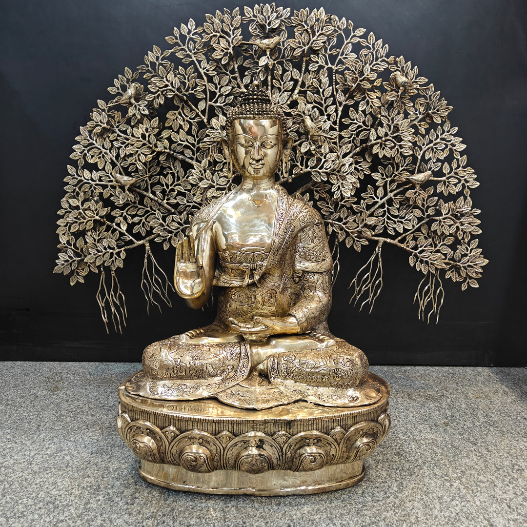 Brass Large Buddha Idol With Bodhi Tree For Home Decor 41 Inches