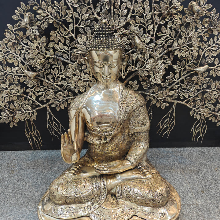 Brass Large Buddha Idol With Bodhi Tree For Home Decor 41 Inches