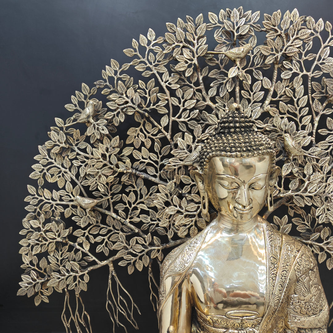 Brass Large Buddha Idol With Bodhi Tree For Home Decor 41 Inches