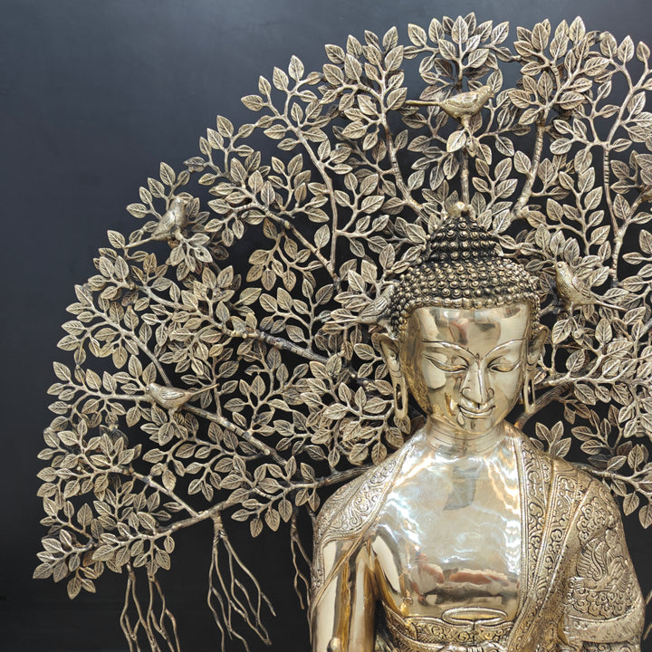 Brass Large Buddha Idol With Bodhi Tree For Home Decor 41 Inches
