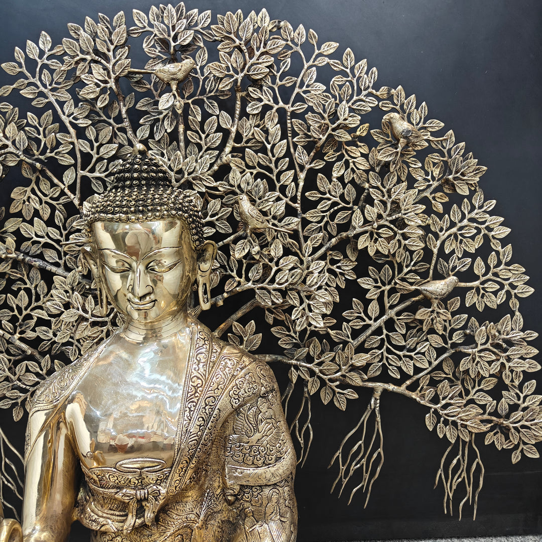 Brass Large Buddha Idol With Bodhi Tree For Home Decor 41 Inches