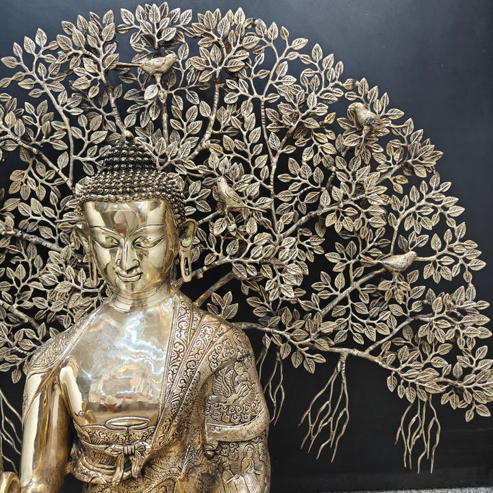 Brass Large Buddha Idol With Bodhi Tree For Home Decor 41 Inches